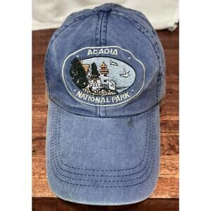 Acadia National Park Classic Lighthouse Bird Ocean Scene Blue Cap Hat One size